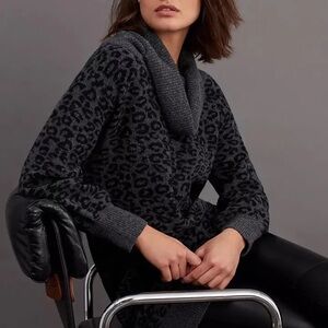 Anthropologie Emmy Cowl Neck Sweater Gray/black Leopard Tunic Size Small